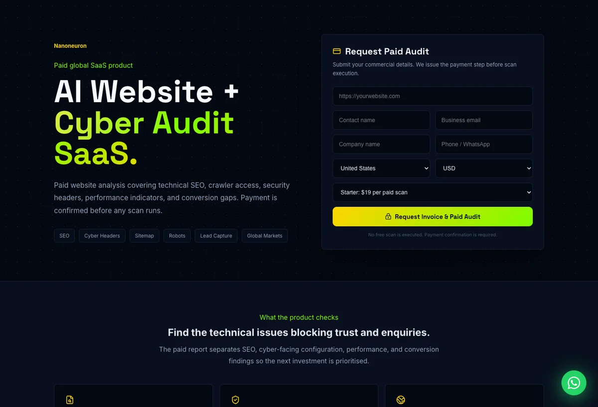 Nanoneuron AI Website and Cyber Audit paid request interface